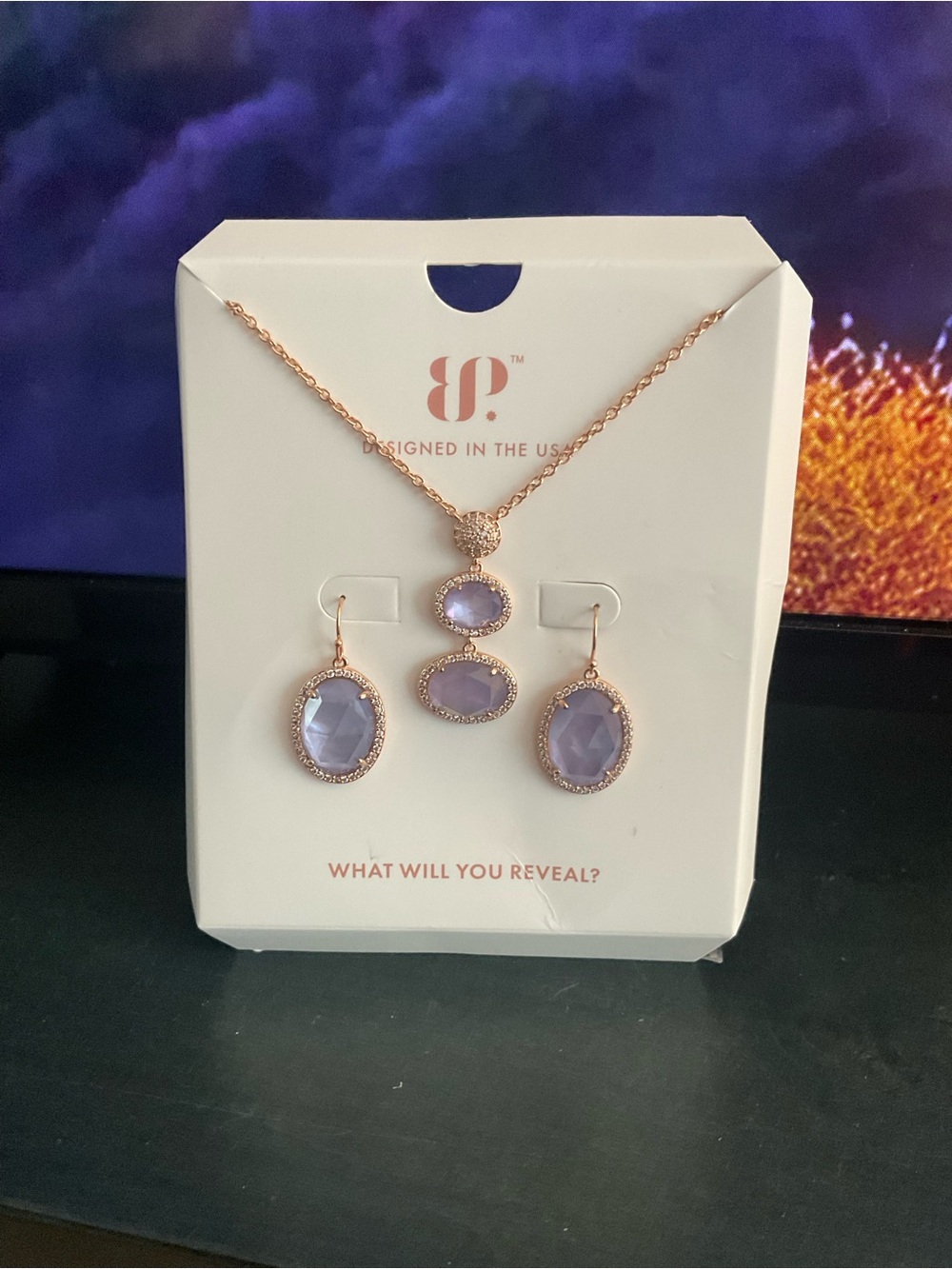 BOMB PARTY Lavender Stone Rose Gold Pendant Necklace and Earrings Set
